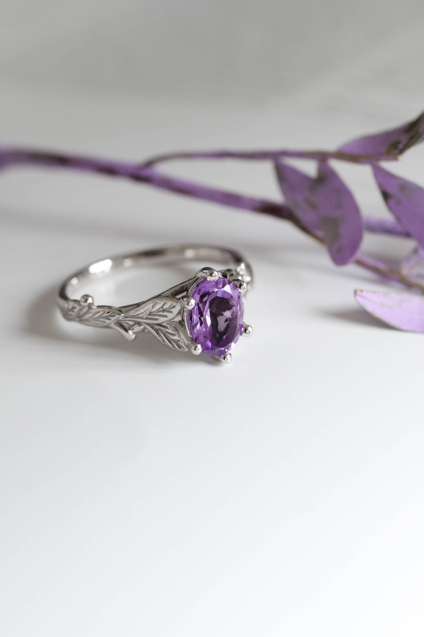 Amethyst engagement ring white gold, engagement rings with leaves / Freesia - Eden Garden Jewelry™