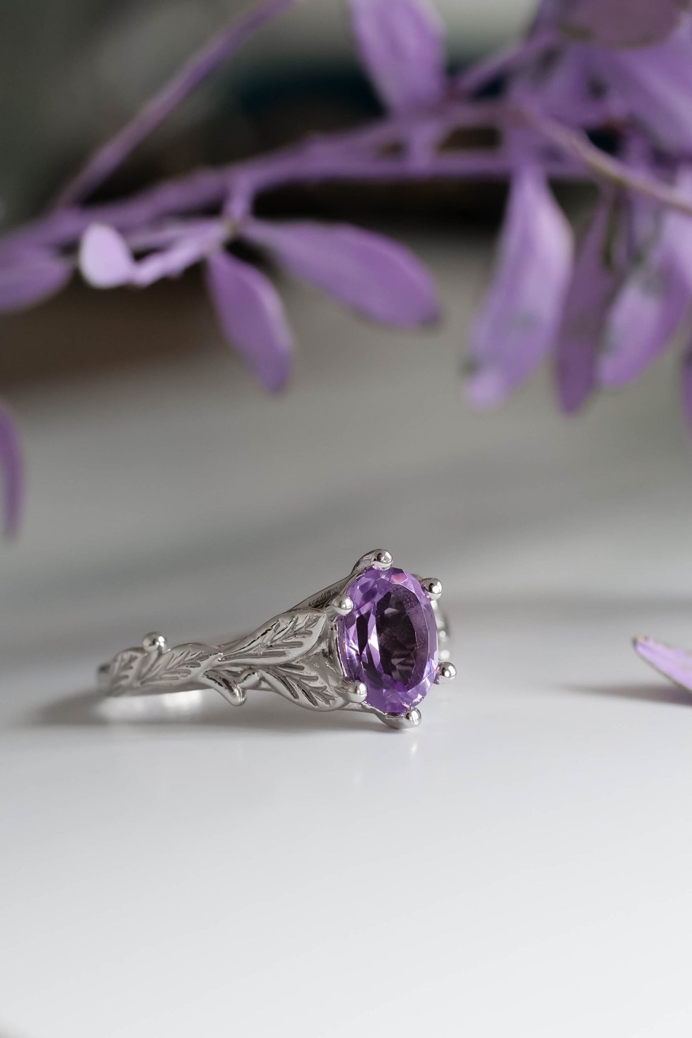 Amethyst engagement ring white gold, engagement rings with leaves / Freesia - Eden Garden Jewelry™