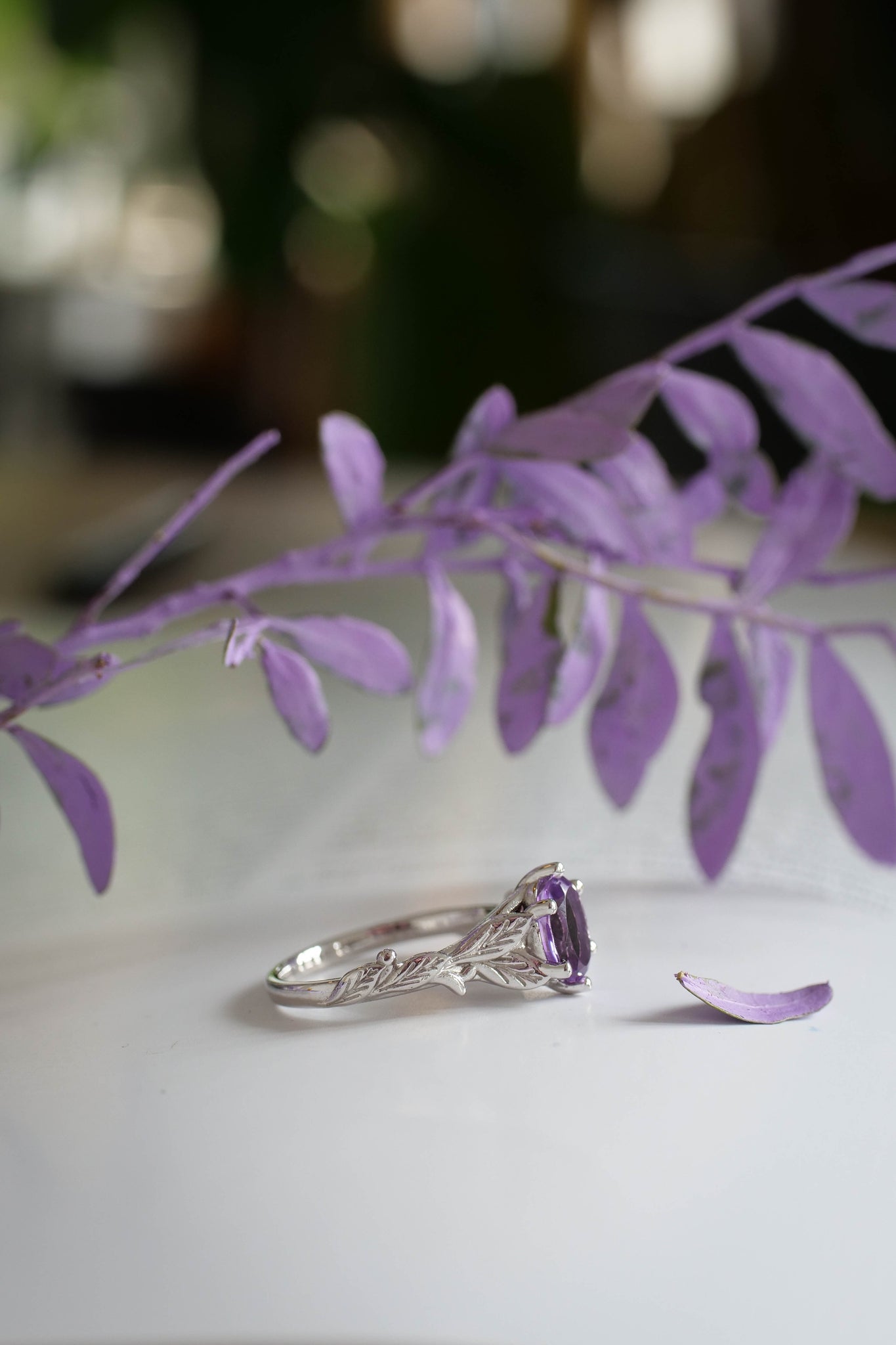 Amethyst engagement ring white gold, engagement rings with leaves / Freesia - Eden Garden Jewelry™