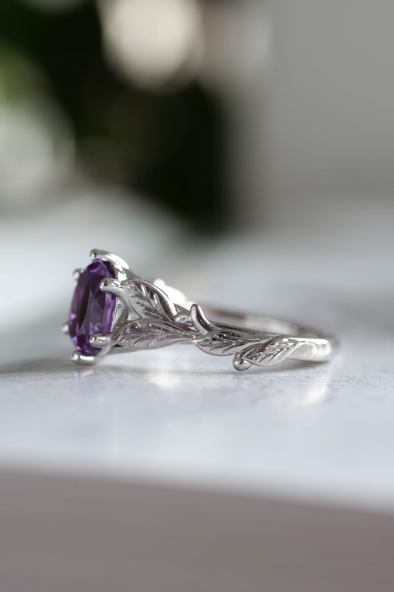 Amethyst engagement ring white gold, engagement rings with leaves / Freesia - Eden Garden Jewelry™