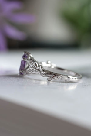 Amethyst engagement ring white gold, engagement rings with leaves / Freesia - Eden Garden Jewelry™