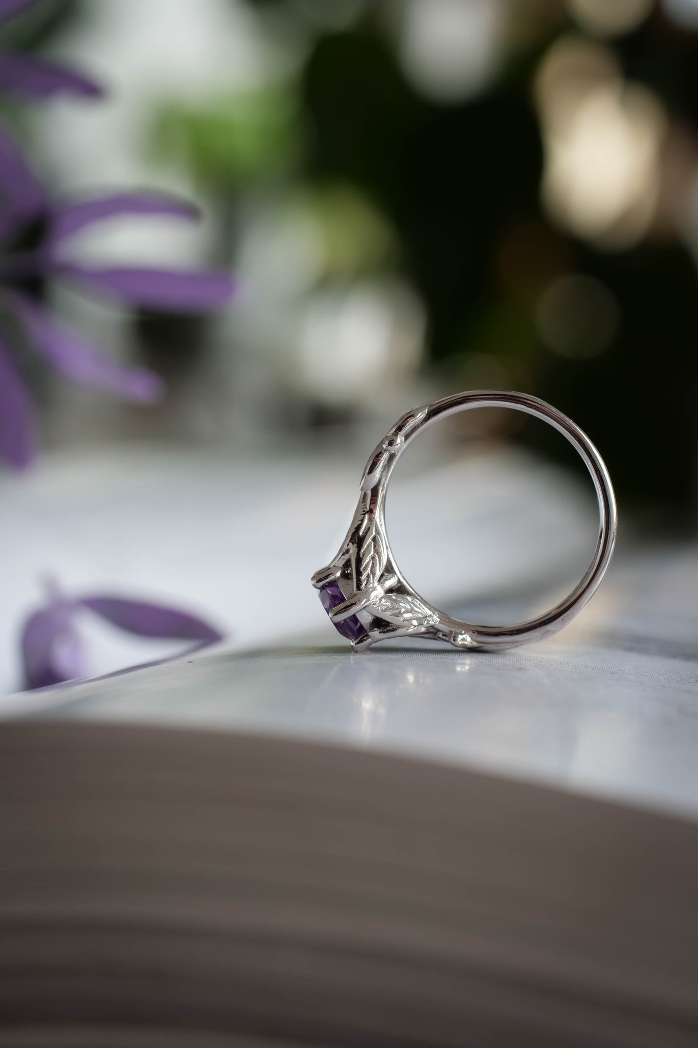 Amethyst engagement ring white gold, engagement rings with leaves / Freesia - Eden Garden Jewelry™