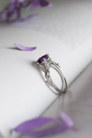 Amethyst engagement ring white gold, engagement rings with leaves / Freesia - Eden Garden Jewelry™