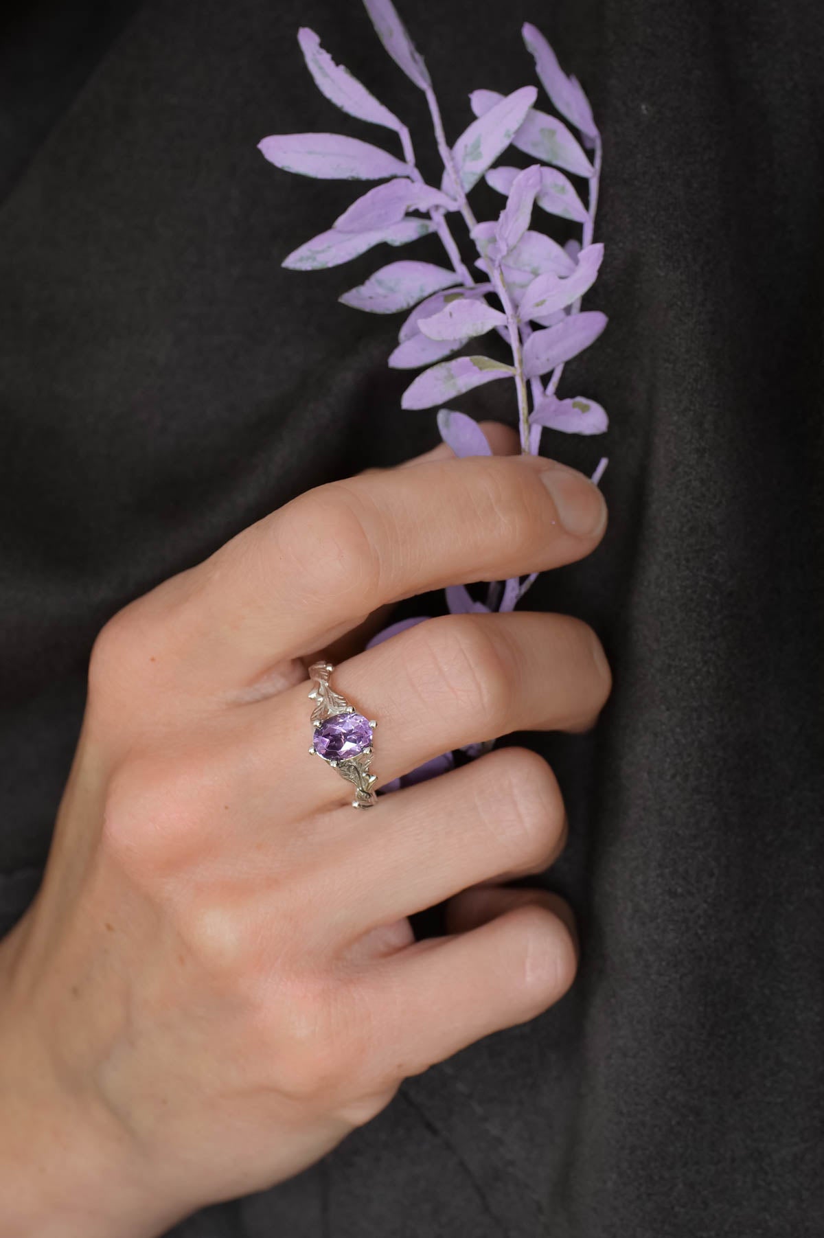 Amethyst engagement ring white gold, engagement rings with leaves / Freesia - Eden Garden Jewelry™