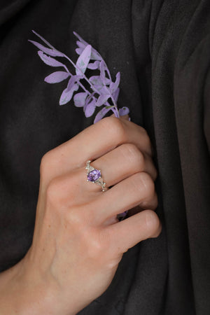 Amethyst engagement ring white gold, engagement rings with leaves / Freesia - Eden Garden Jewelry™