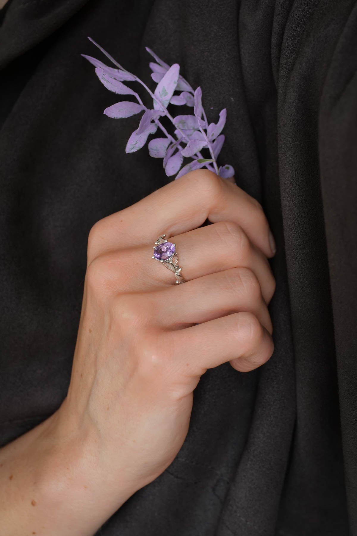 Amethyst engagement ring white gold, engagement rings with leaves / Freesia - Eden Garden Jewelry™