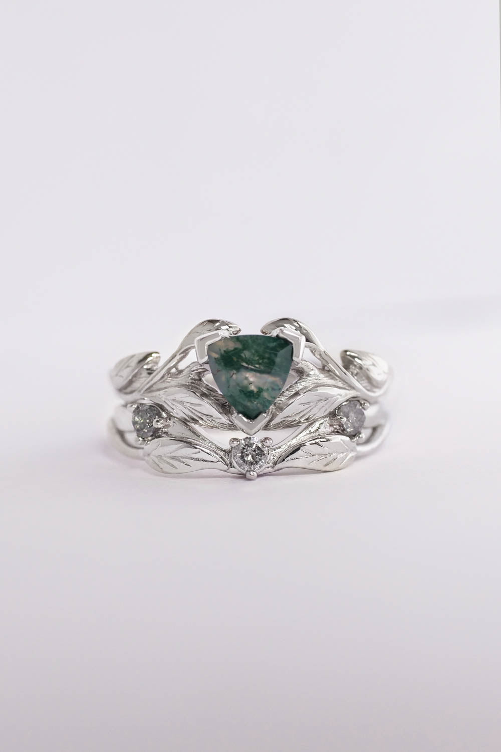 Moss agate engagement ring, salt and pepper diamond wedding band / Clematis - Eden Garden Jewelry™