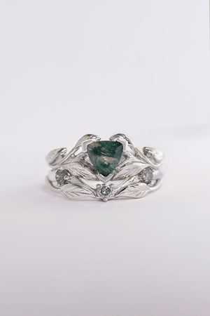 Moss agate engagement ring, salt and pepper diamond wedding band / Clematis - Eden Garden Jewelry™