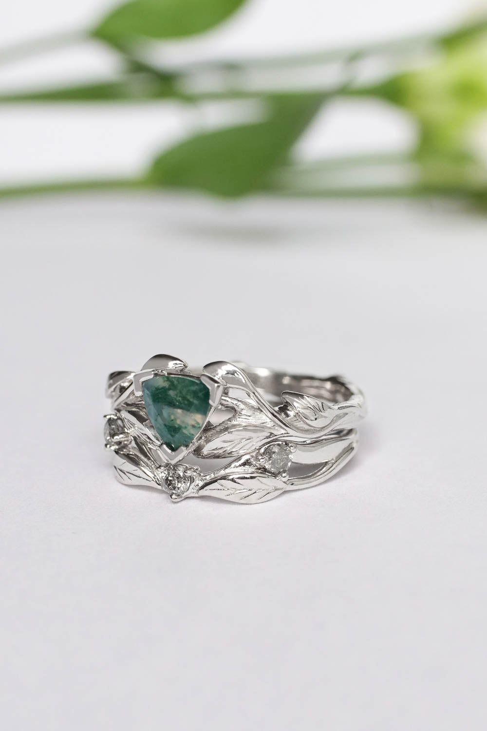 Moss agate engagement ring, salt and pepper diamond wedding band / Clematis - Eden Garden Jewelry™