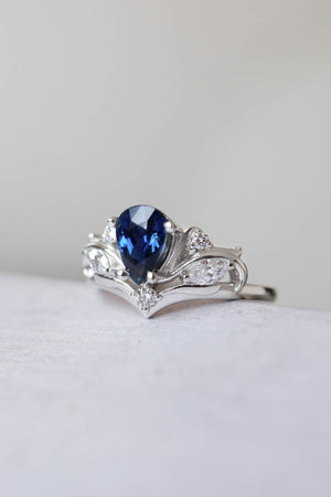 Blue sapphire leaf engagement rings, bridal ring set / Swanlake - Eden Garden Jewelry™