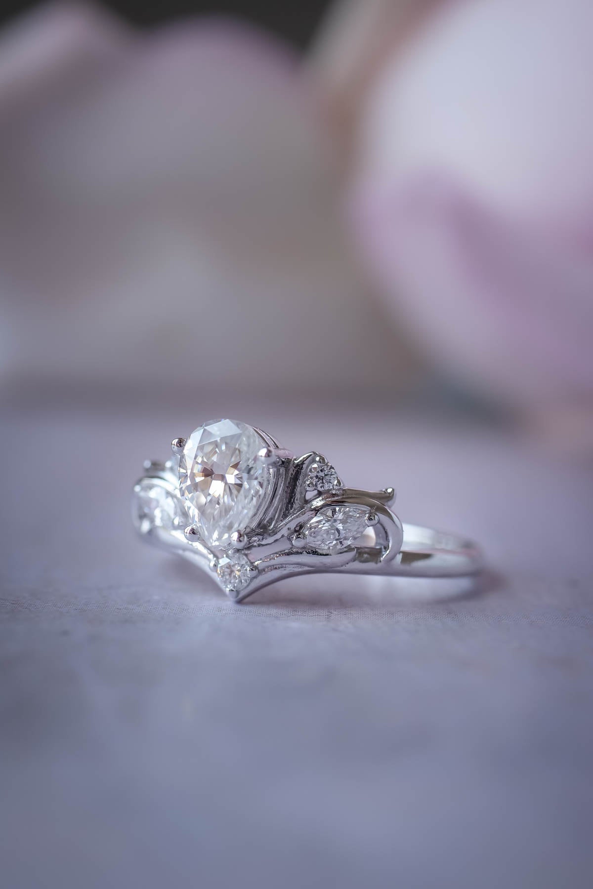 Gold ring with pear cut moissanite, white proposal ring / Swanlake - Eden Garden Jewelry™