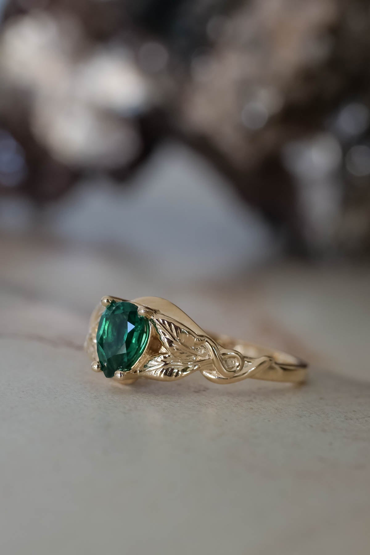 Teardrop emerald engagement ring, gold leaves ring / Azalea - Eden Garden Jewelry™