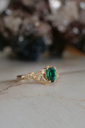 Teardrop emerald engagement ring, gold leaves ring / Azalea - Eden Garden Jewelry™