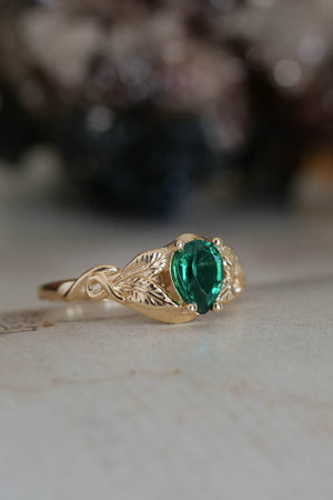 Teardrop emerald engagement ring, gold leaves ring / Azalea - Eden Garden Jewelry™