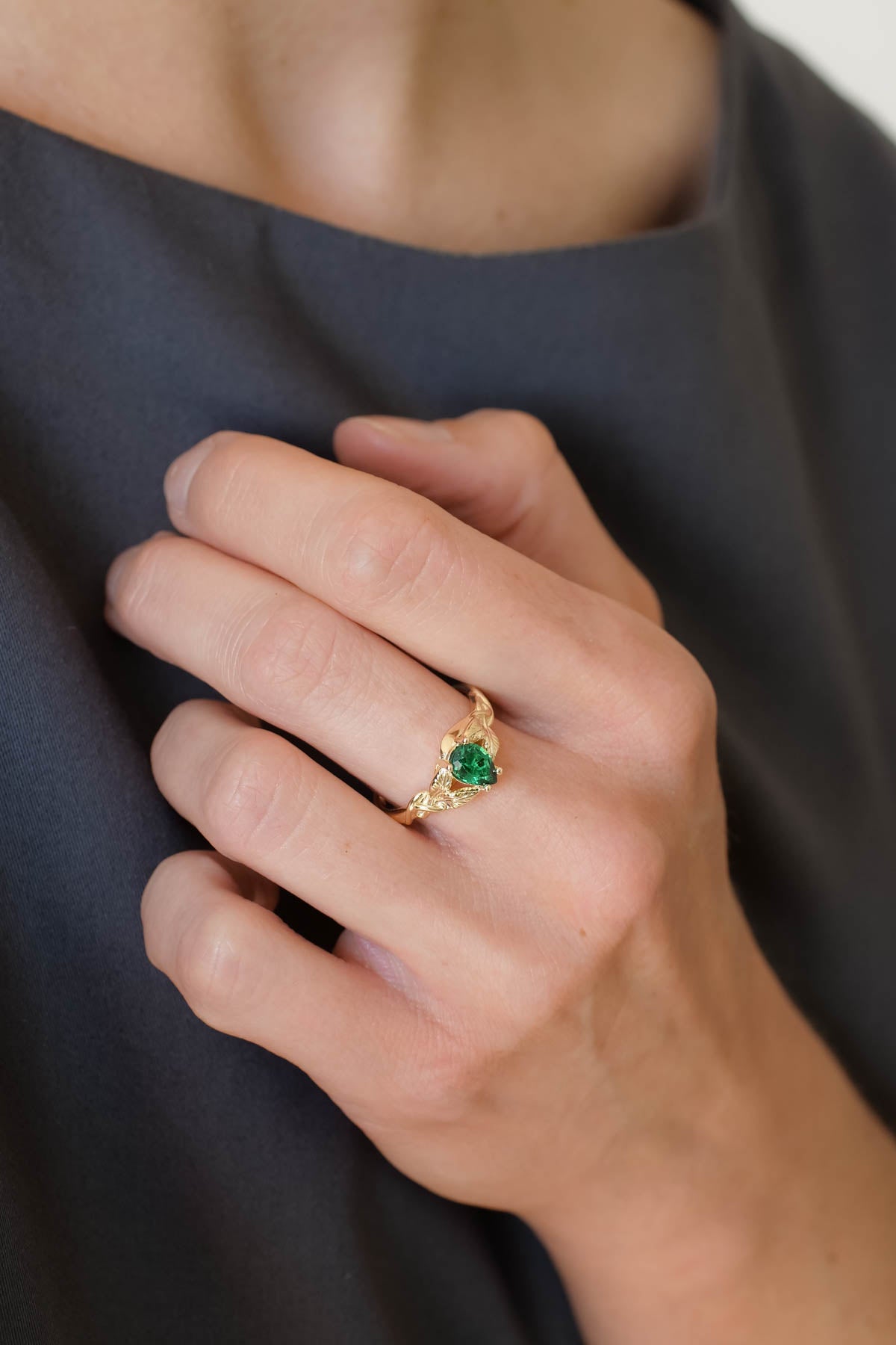 Teardrop emerald engagement ring, gold leaves ring / Azalea - Eden Garden Jewelry™