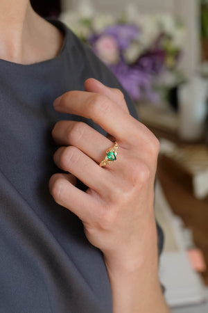 Teardrop emerald engagement ring, gold leaves ring / Azalea - Eden Garden Jewelry™