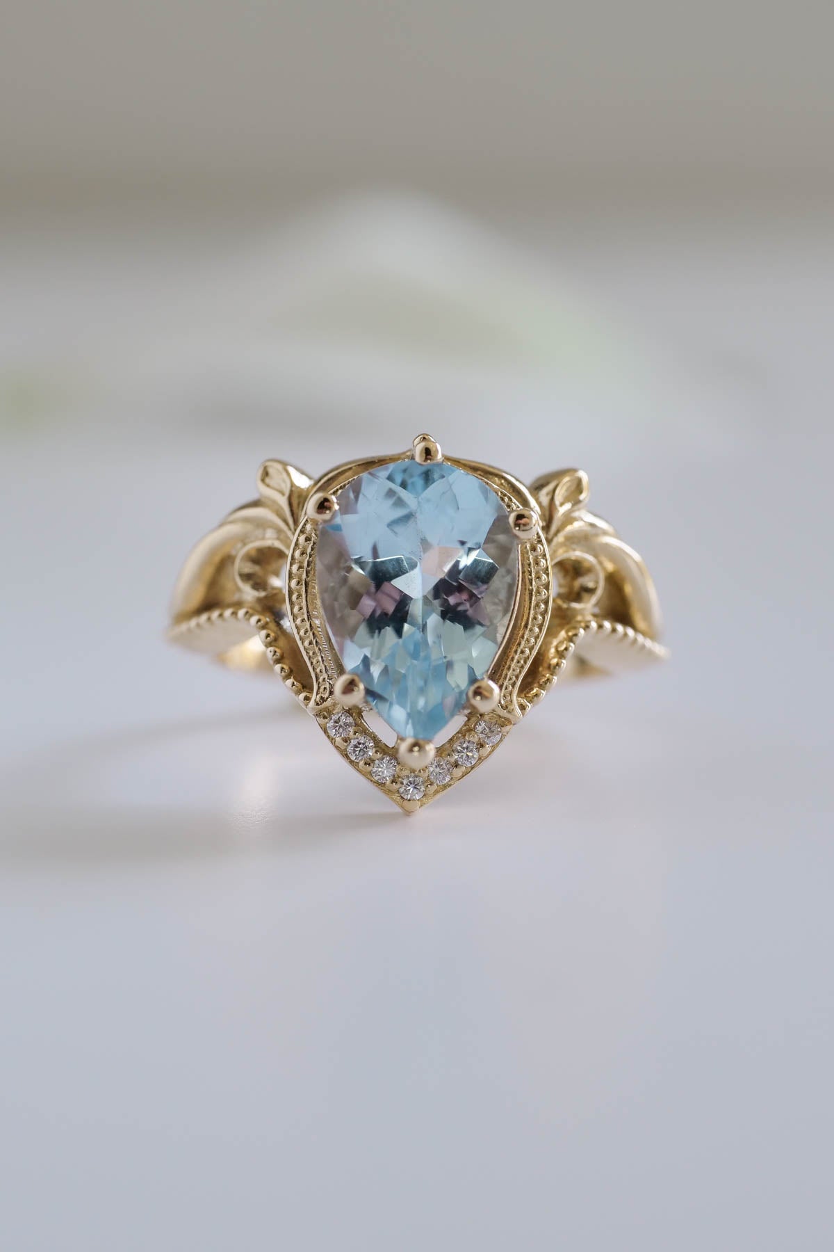 Engagement ring with aquamarine, big pear cut gemstone / Lida - Eden Garden Jewelry™