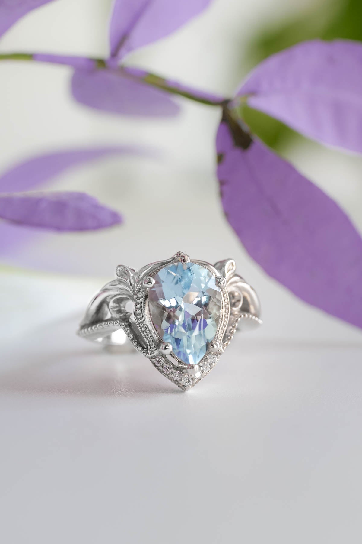 Engagement ring with aquamarine, big pear cut gemstone / Lida - Eden Garden Jewelry™