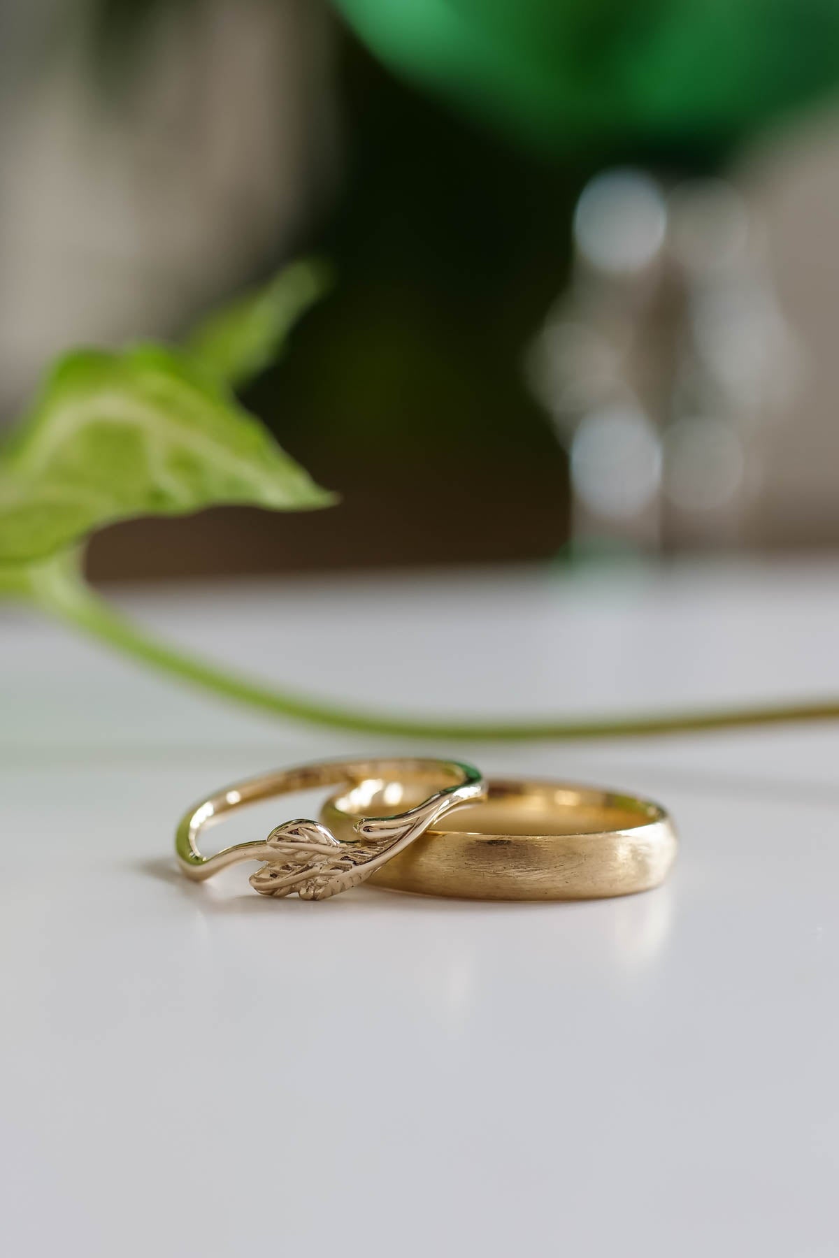 Wedding bands set for couple: satin band for him, branch band for her - Eden Garden Jewelry™