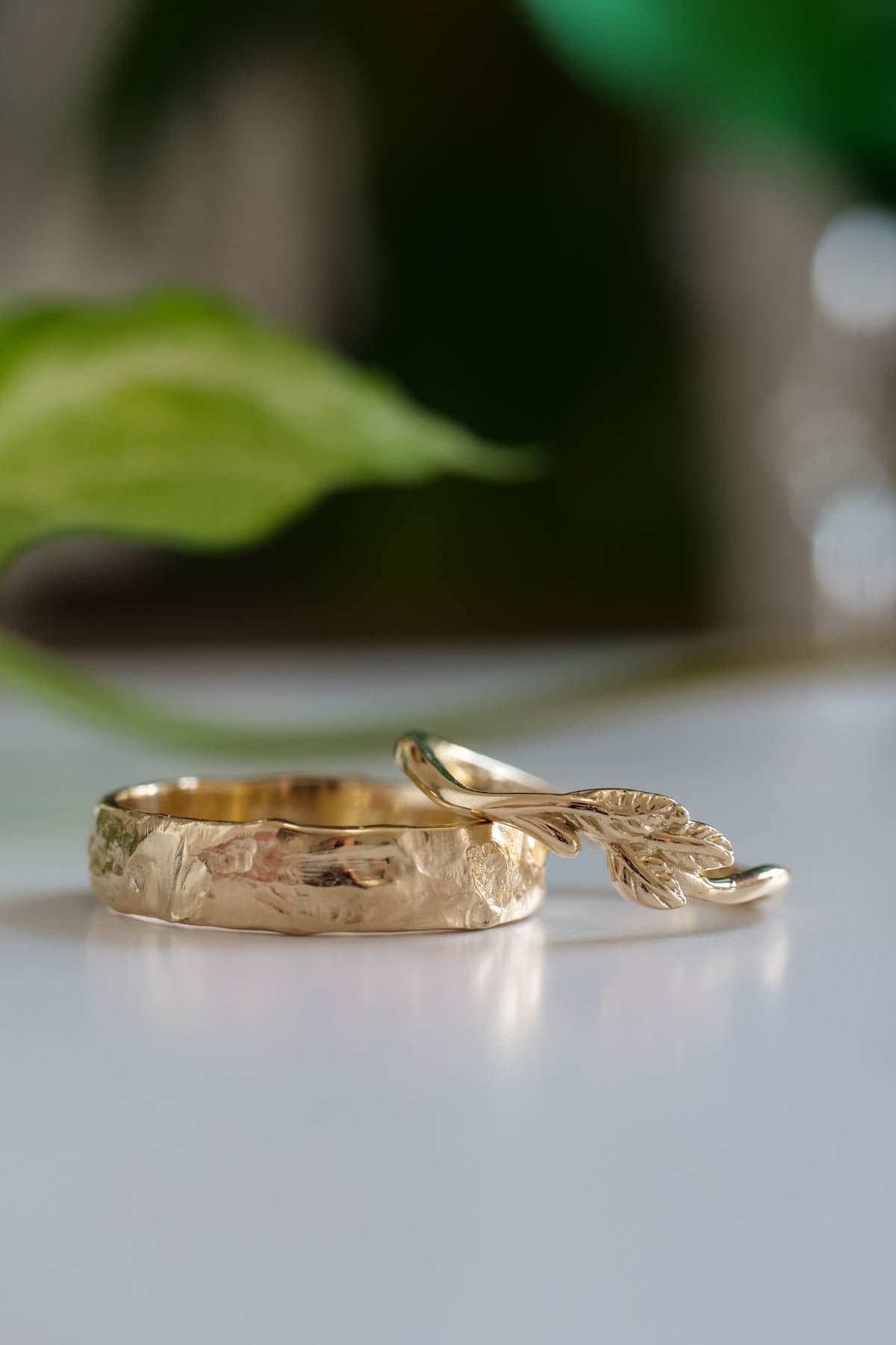 Wedding rings set for couple: textured band for him, twig band for her - Eden Garden Jewelry™