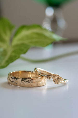 Wedding rings set for couple: textured band for him, twig band for her - Eden Garden Jewelry™