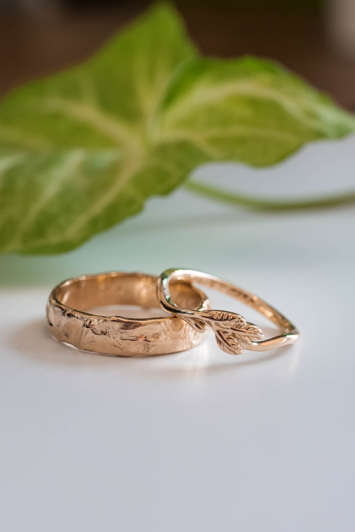 Wedding rings set for couple: textured band for him, twig band for her - Eden Garden Jewelry™