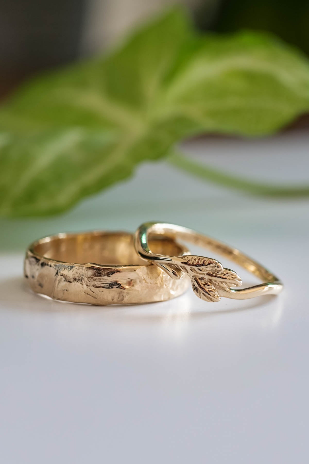 Wedding rings set for couple: textured band for him, twig band for her - Eden Garden Jewelry™