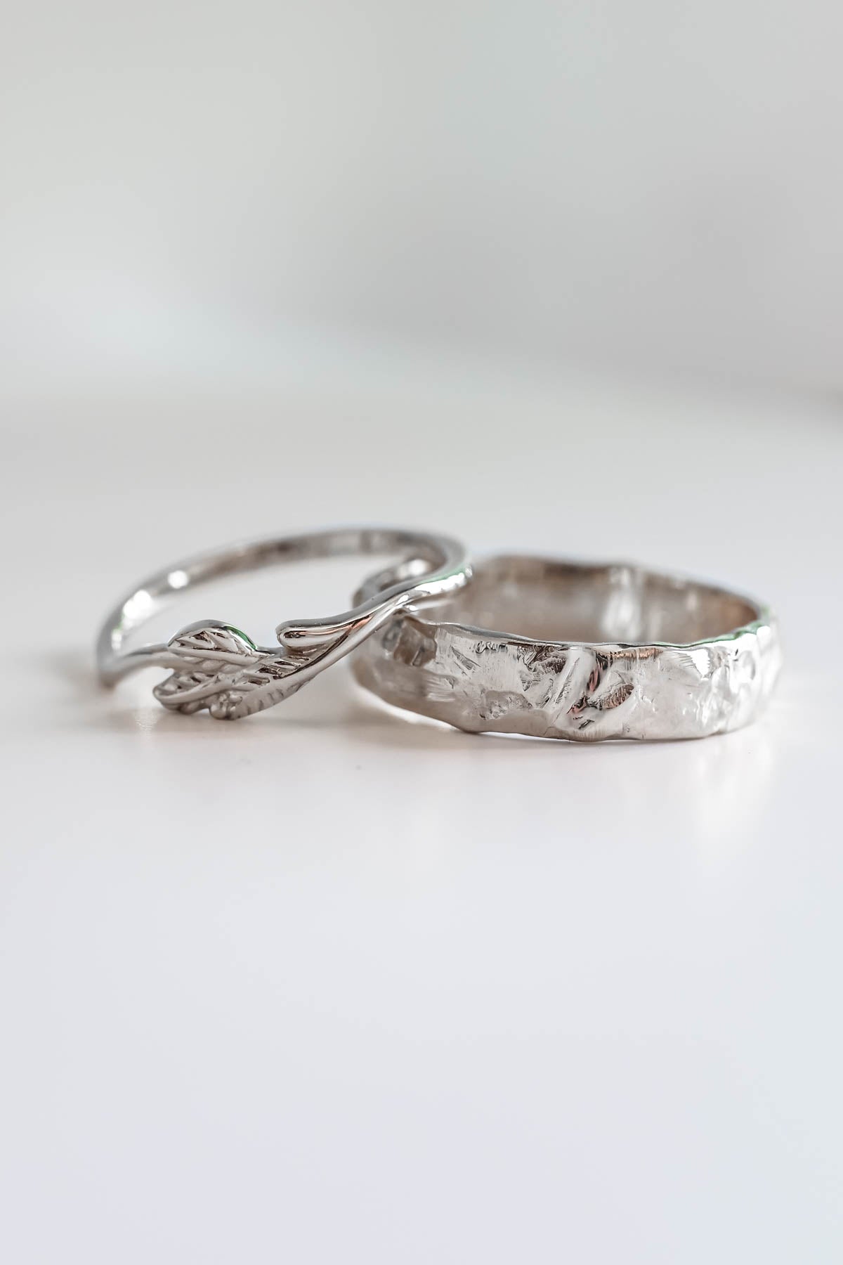 Wedding rings set for couple: textured band for him, twig band for her - Eden Garden Jewelry™