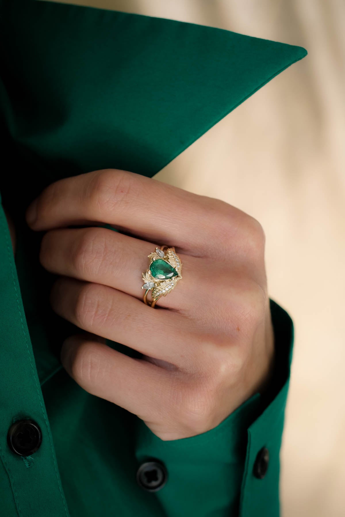 Pear shaped emerald engagement ring set / Adonis - Eden Garden Jewelry™