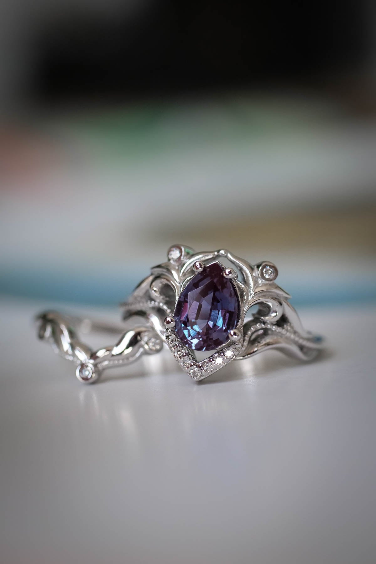 Alexandrite engagement ring, diamond wedding band set / Lida - Eden Garden Jewelry™