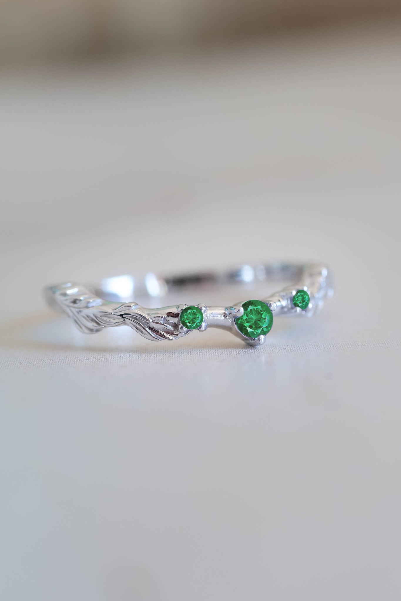 Branch wedding ring with emeralds / matching band for Japanese Maple - Eden Garden Jewelry™