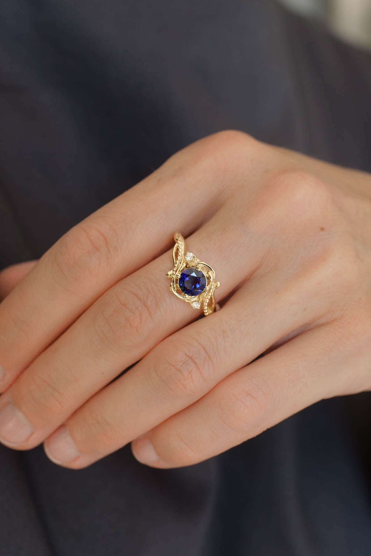 Fantasy engagement ring with blue lab sapphire / Undina - Eden Garden Jewelry™