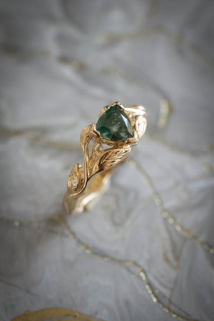 Moss agate engagement ring, trillion cut ring / Clematis - Eden Garden Jewelry™