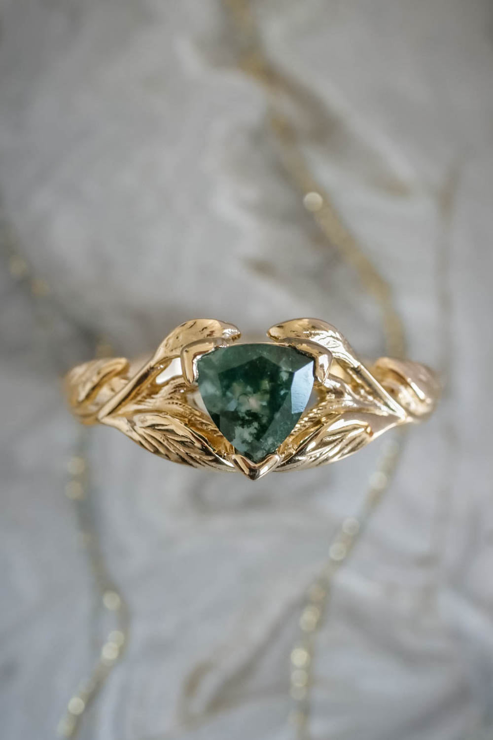 Moss agate engagement ring, trillion cut ring / Clematis - Eden Garden Jewelry™