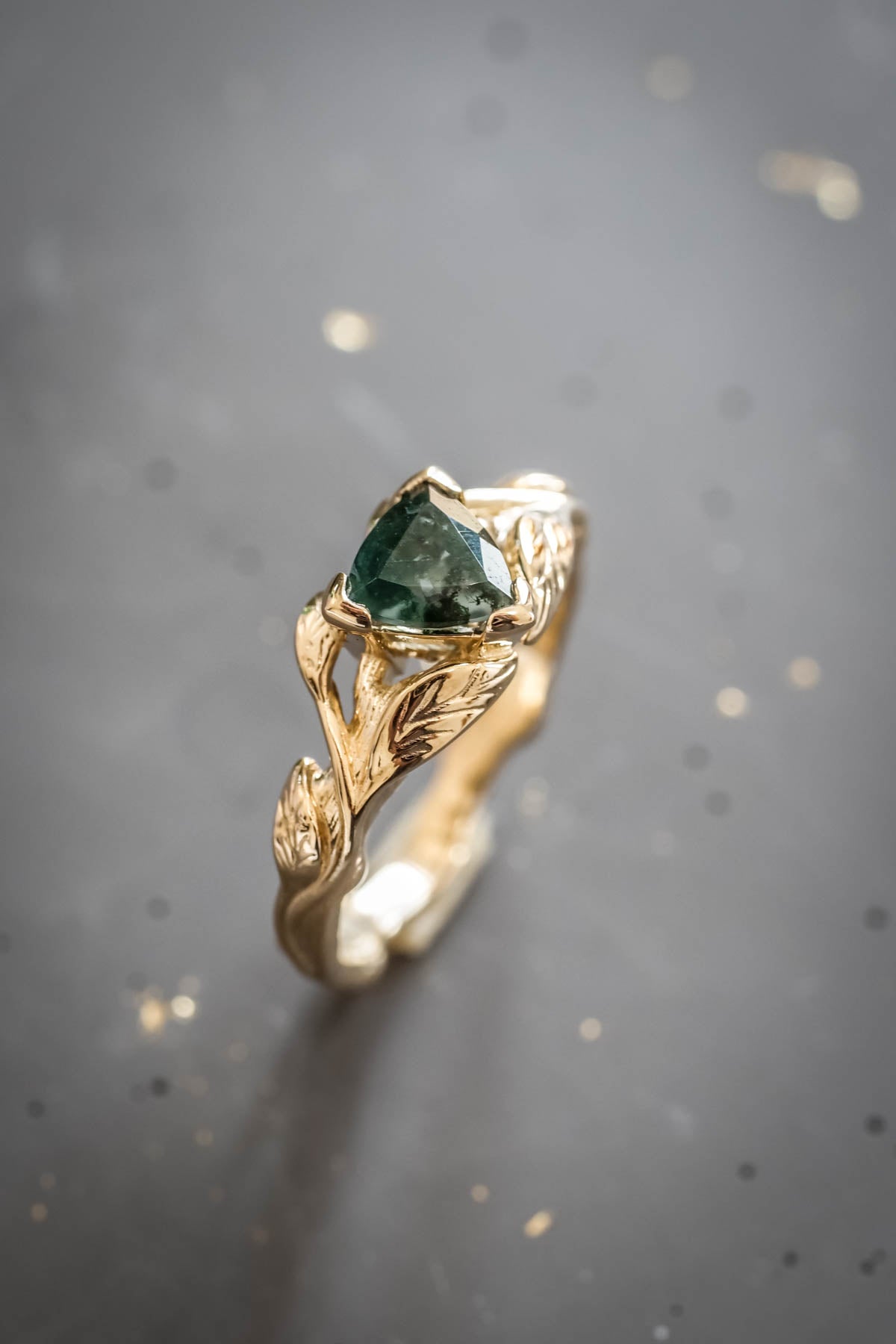 Moss agate engagement ring, trillion cut ring / Clematis - Eden Garden Jewelry™