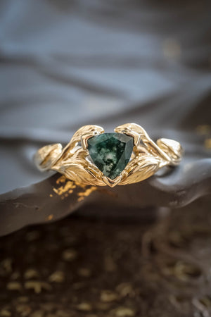 Moss agate engagement ring, trillion cut ring / Clematis - Eden Garden Jewelry™