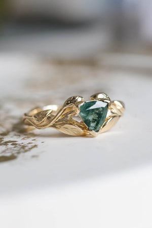 READY TO SHIP: Clematis in 14K yellow gold, trillion moss agate 6 mm, RING SIZE 7 US - Eden Garden Jewelry™