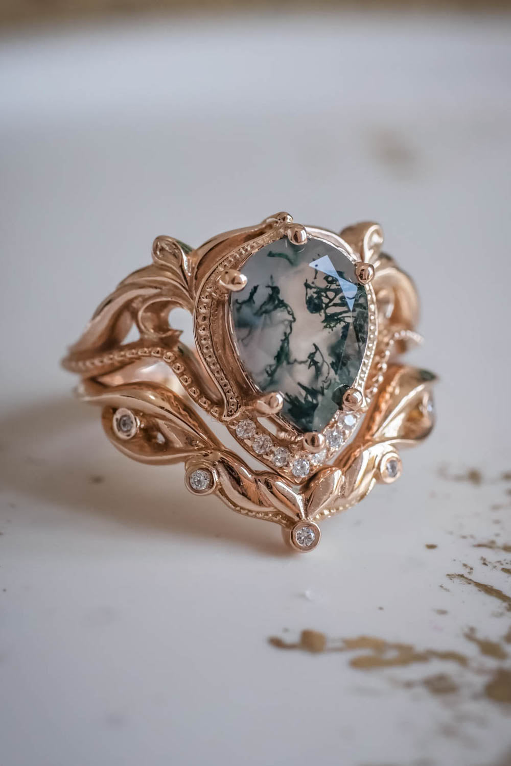 Moss agate engagement ring set, alternative ring set / Lida - Eden Garden Jewelry™