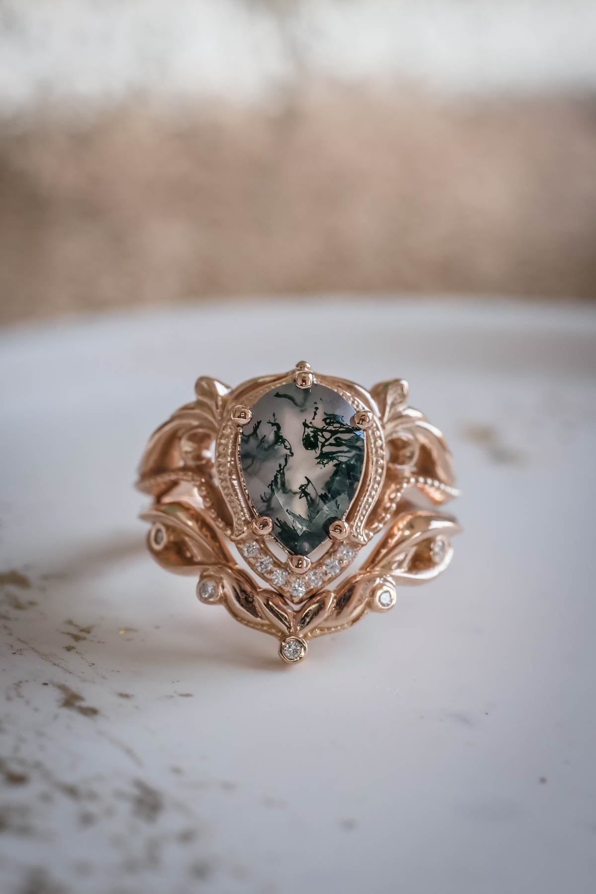 Moss agate engagement ring set, alternative ring set / Lida - Eden Garden Jewelry™