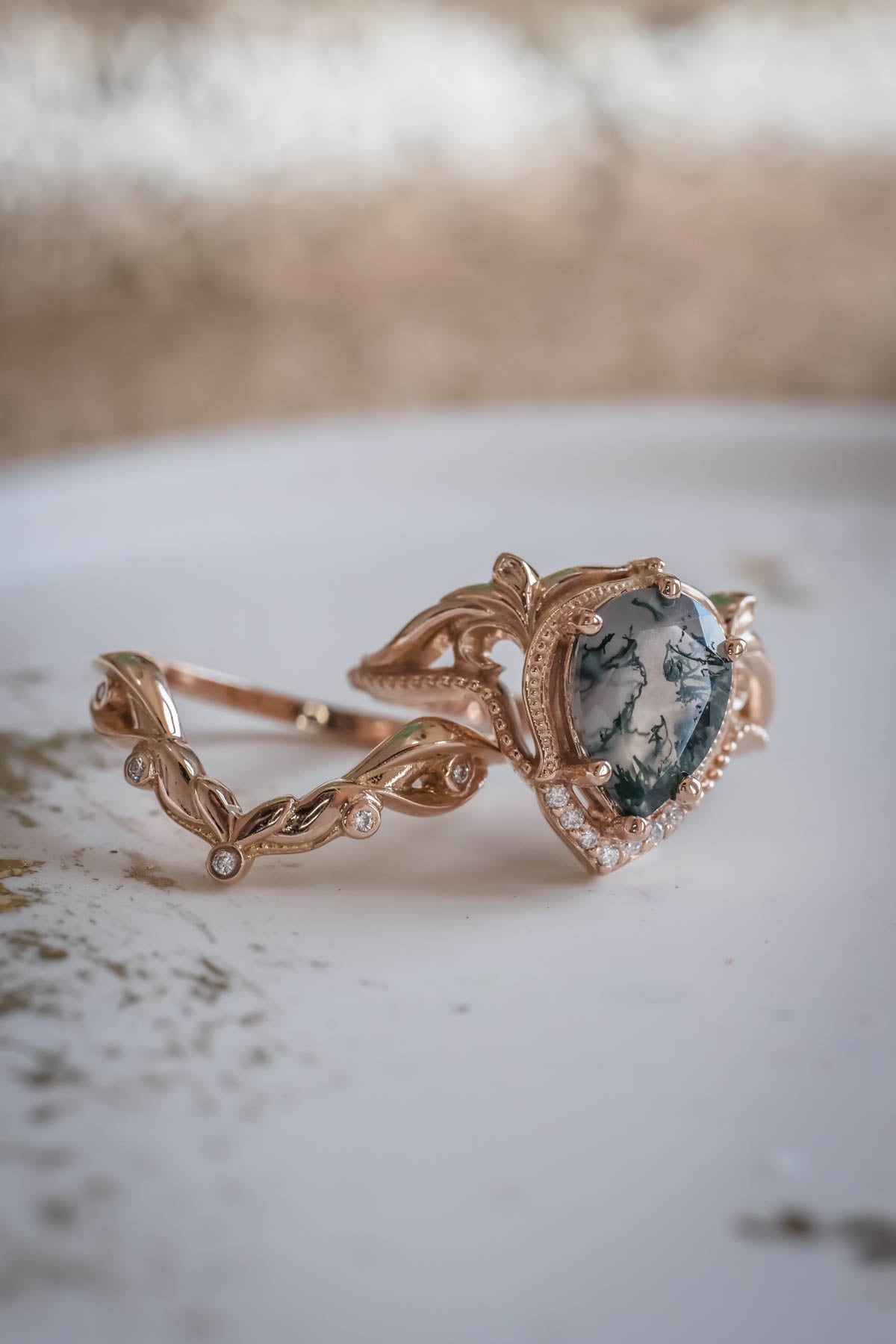 Moss agate engagement ring set, alternative ring set / Lida - Eden Garden Jewelry™