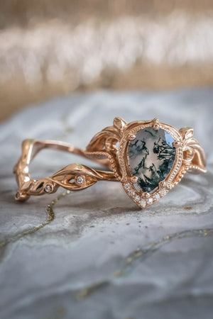 Moss agate engagement ring set, alternative ring set / Lida - Eden Garden Jewelry™