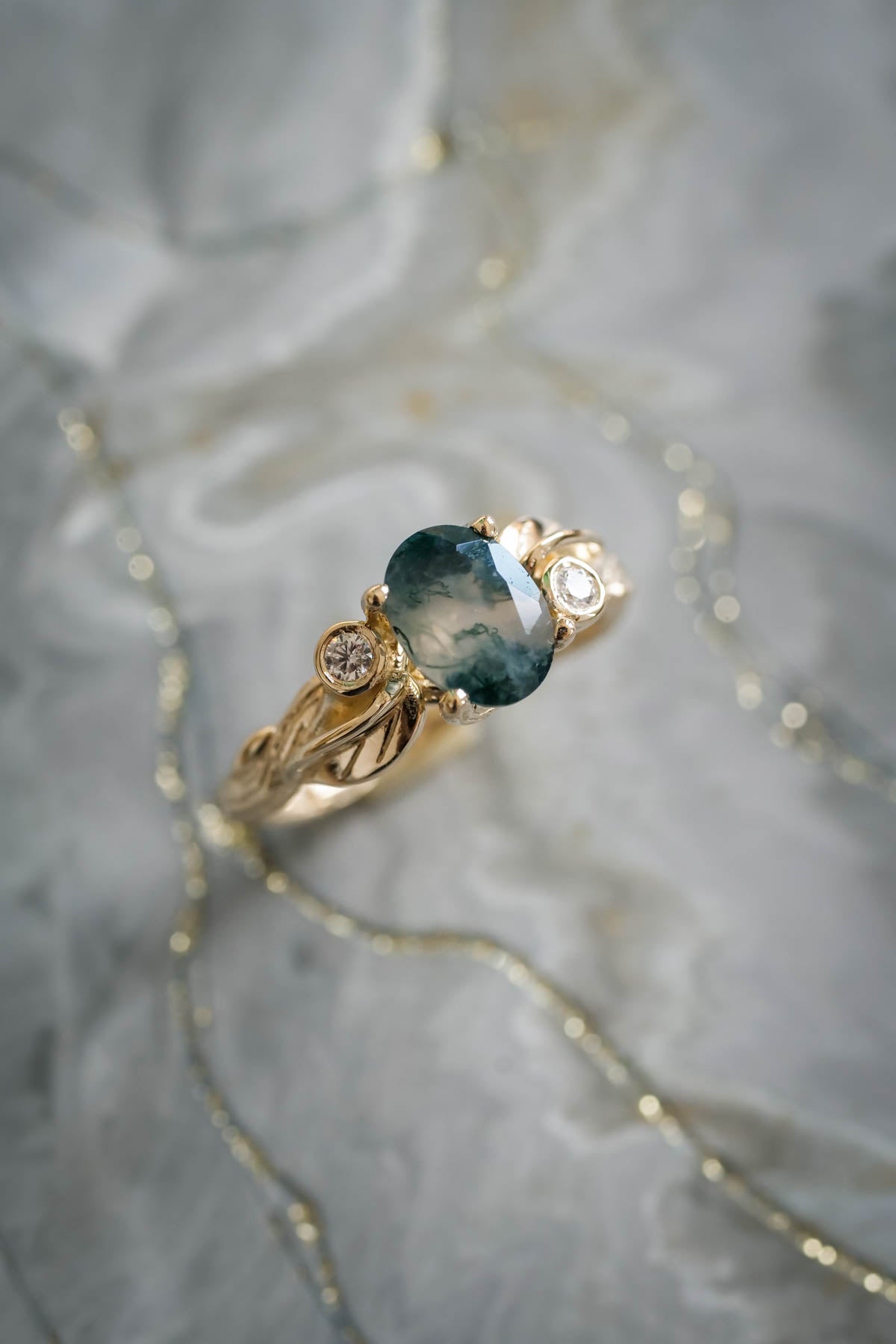 Moss agate diamond ring, branch engagement ring / Arius - Eden Garden Jewelry™