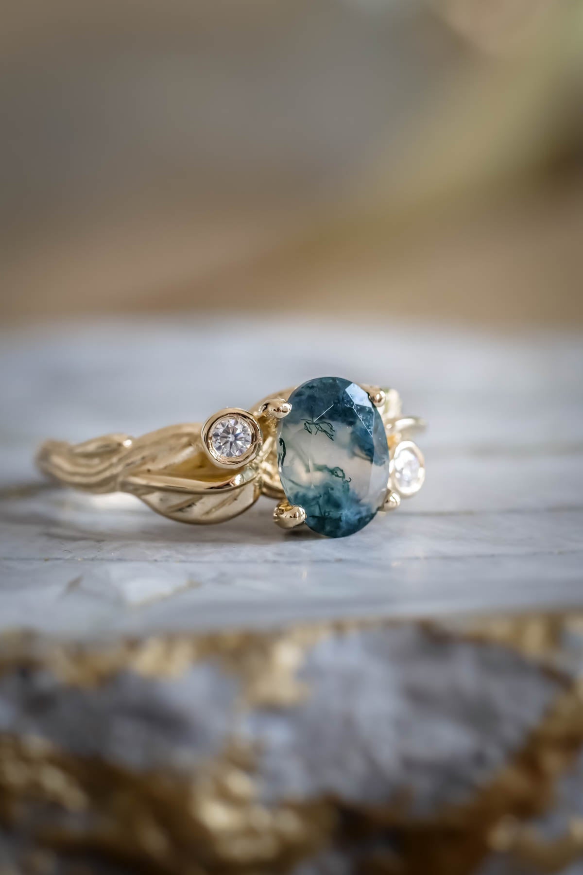 Moss agate diamond ring, branch engagement ring / Arius - Eden Garden Jewelry™