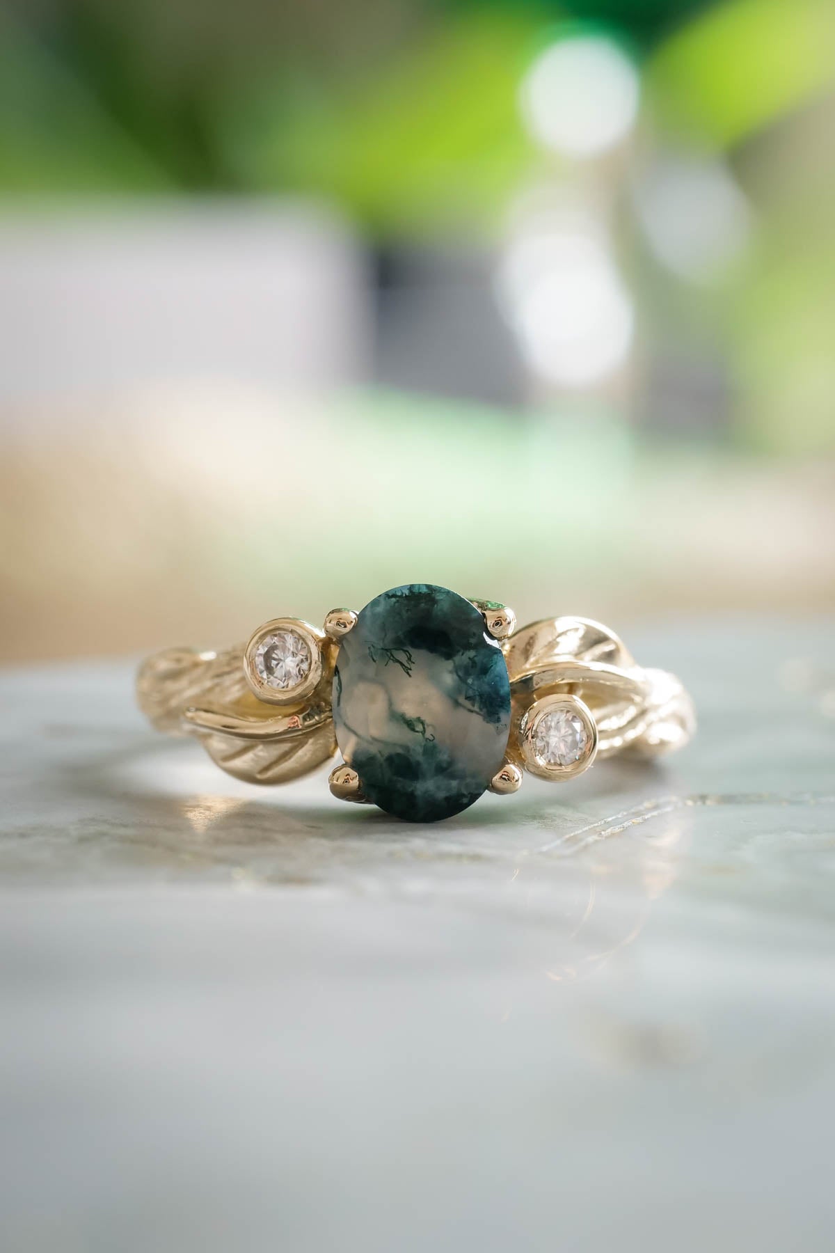 Moss agate diamond ring, branch engagement ring / Arius - Eden Garden Jewelry™