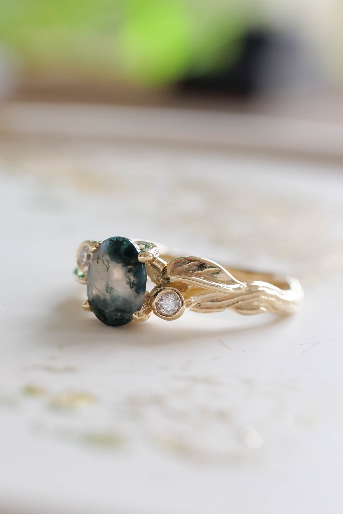 Moss agate diamond ring, branch engagement ring / Arius - Eden Garden Jewelry™