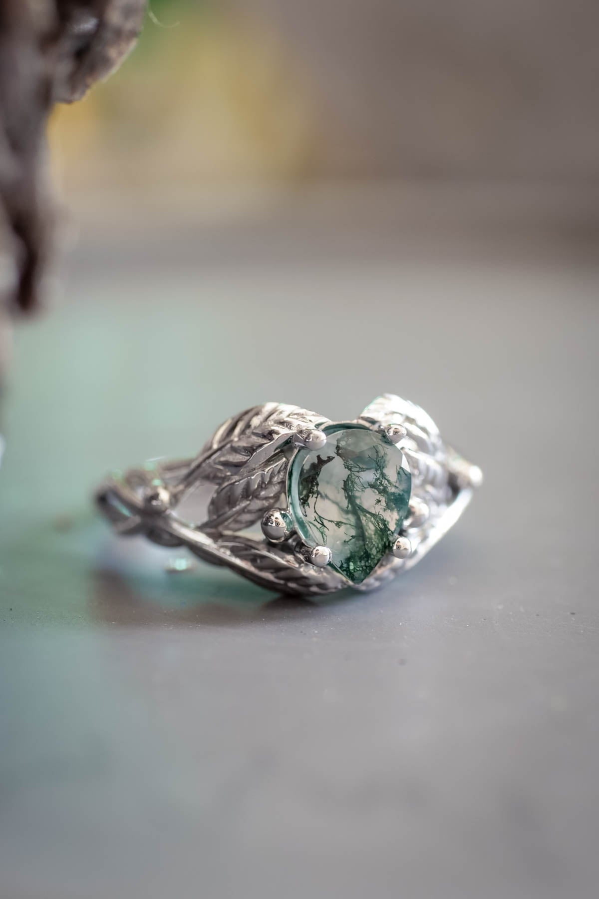 Natural moss agate engagement ring, tree branch ring / Viola - Eden Garden Jewelry™