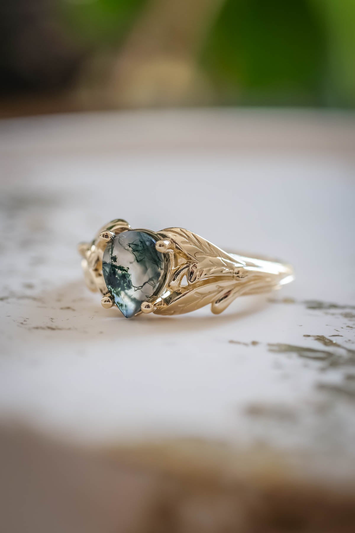 Moss agate gold ring, leaves engagement ring / Wisteria - Eden Garden Jewelry™