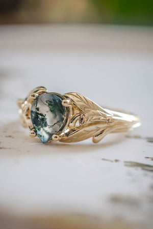 Moss agate gold ring, leaves engagement ring / Wisteria - Eden Garden Jewelry™