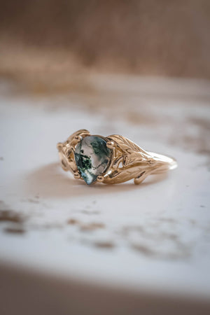 Moss agate gold ring, leaves engagement ring / Wisteria - Eden Garden Jewelry™