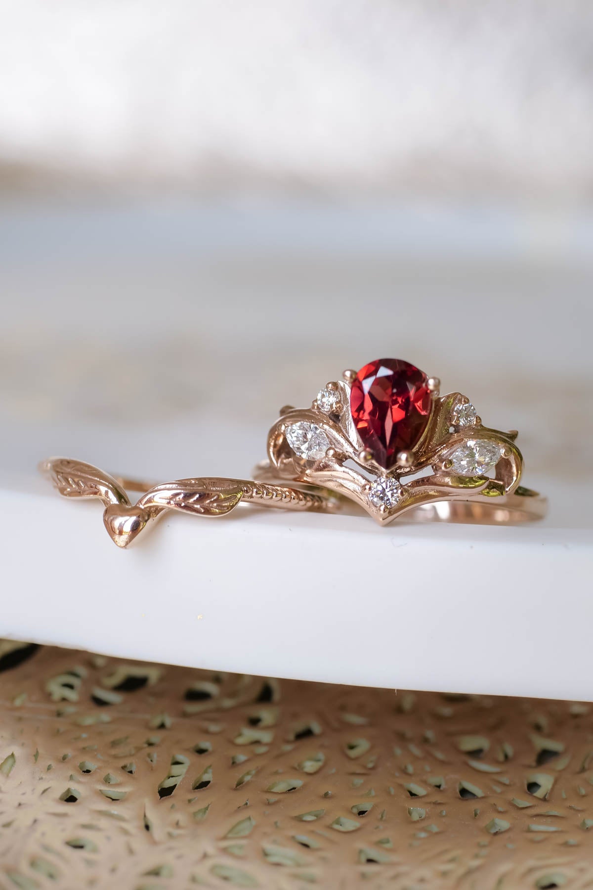 Diamond and garnet engagement ring, elvish proposal ring / Swanlake - Eden Garden Jewelry™